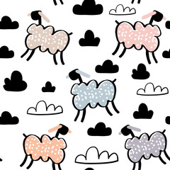 Obraz premium Childish seamless pattern with hand drawn sheeps. Trendy scandinavian vector background. Perfect for kids apparel,fabric, textile, nursery decoration,wrapping paper