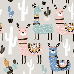 Seamless pattern with llama, cactus and hand drawn elements. Creative childish texture. Great for fabric, textile Vector Illustration © solodkayamari