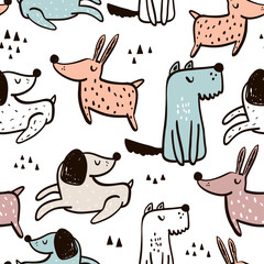 Kinderachtig naadloos patroon met handgetekende honden. Trendy Scandinavische vector achtergrond. Perfect voor kinderkleding, stof, textiel, kinderkamerdecoratie, inpakpapier