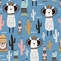 Seamless pattern with llama, cactus and hand drawn elements. Creative childish texture. Great for fabric, textile Vector Illustration © solodkayamari
