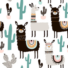 Seamless pattern with llama, cactus and hand drawn elements. Creative childish texture. Great for fabric, textile Vector Illustration © solodkayamari