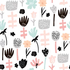 Muurstickers Seamless pattern with hand drawn flowers. Creative botanical height detailed background. Perfect for kids apparel,fabric, textile, nursery decoration,wrapping paper.Vector Illustration © solodkayamari