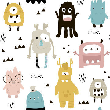 Childish seamless pattern with cute monsters. Trendy scandinavian vector background. Perfect for kids apparel,fabric, textile, nursery decoration,wrapping paper