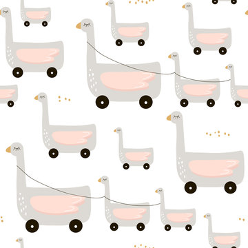 Cute duck on wheels childish pattern. Creative nursery background. Perfect for kids design, fabric, wrapping, wallpaper, textile, apparel