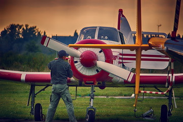 technician engineer checks airplane blade after the voyage