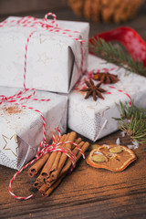 Christmas background with decorations and gift boxes