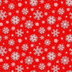 Naklejka na ściany i meble Beautiful winter red seamless pattern, background with 3D paper cut out snowflakes. Raster illustration
