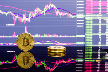 Gold bitcoin on stock market chart background