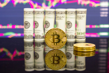 Golden bitcoin and rolled dollar bills on stock market chart background