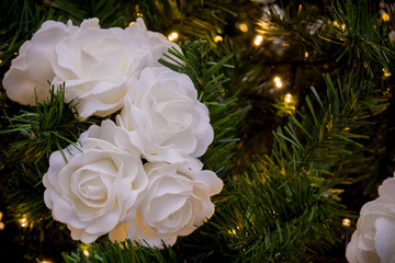 Close Up Of Christmas Tree Decoration With  White Flowers