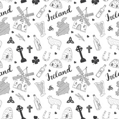 Ireland Sketch Doodles Seamless Pattern. Irish Elements with flag and map of Ireland, Celtic Cross, Castle, Shamrock, Celtic Harp, Mill and Sheep, Whiskey Bottles and Irish Beer, Vector Illustration