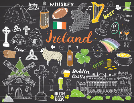 Ireland Sketch Doodles. Hand Drawn Irish Elements Set with flag and map of Ireland, Celtic Cross, Castle, Shamrock, Celtic Harp, Mill and Sheep, Whiskey Bottles and Irish Beer, Vector on chalkboard