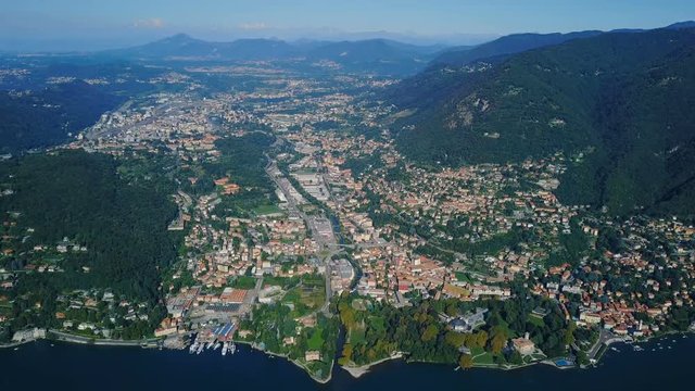 aerial view of Com lake with city Como, Italy