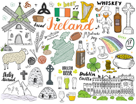 Ireland Sketch Doodles. Hand Drawn Irish Elements Set with flag and map of Ireland, Celtic Cross, Castle, Shamrock, Celtic Harp, Mill and Sheep, Whiskey Bottles and Irish Beer, Vector Illustration