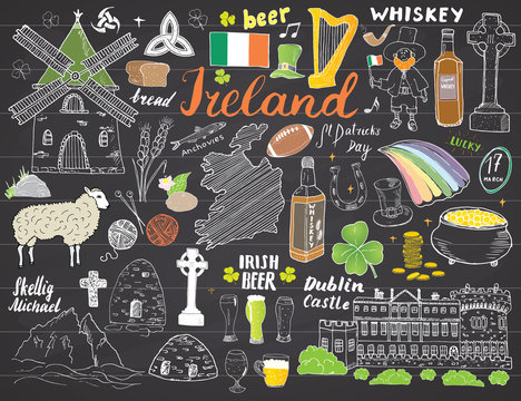 Ireland Sketch Doodles. Hand Drawn Irish Elements Set with flag and map of Ireland, Celtic Cross, Castle, Shamrock, Celtic Harp, Mill and Sheep, Whiskey Bottles and Irish Beer, Vector on chalkboard