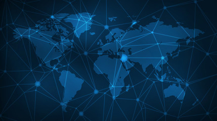 Blockchain technology futuristic hud background with world map and blockchain peer to peer network. Global cryptocurrency blockchain business banner concept.