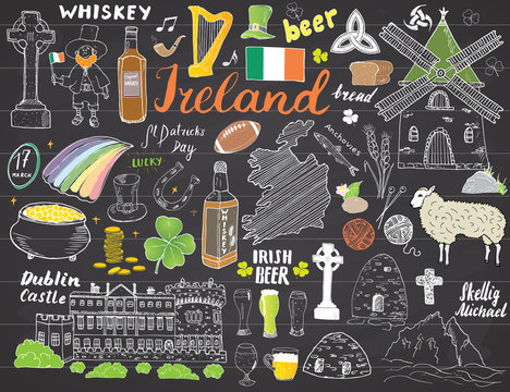 Ireland Sketch Doodles. Hand Drawn Irish Elements Set with flag and map of Ireland, Celtic Cross, Castle, Shamrock, Celtic Harp, Mill and Sheep, Whiskey Bottles and Irish Beer, Vector on chalkboard