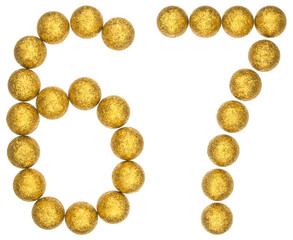 Numeral 67, sixty seven, from decorative balls, isolated on white background