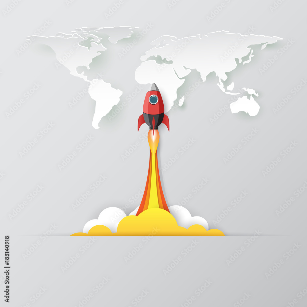 Poster rocket ship launch icon paper art style design.business startup concept.vector illustration.
