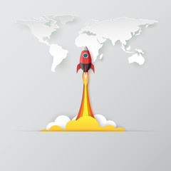 Rocket ship launch icon paper art style design.Business startup concept.Vector illustration.