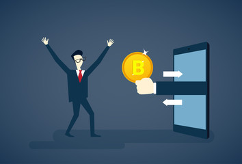Man Getting Bitcoin From Smart Phone Crypto Currency Banner Digital Web Money Concept Vector Illustration