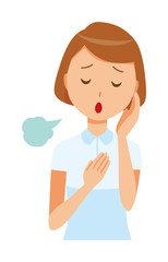 A female nurse wearing a white uniform is sighing