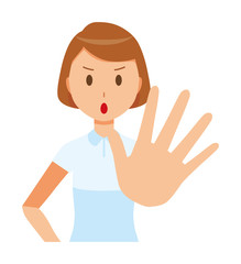 A female nurse wearing a white uniform is giving out his hand