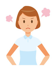 A female nurse wearing a white uniform is angry