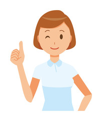 A female nurse wearing a white uniform is doing a good sign