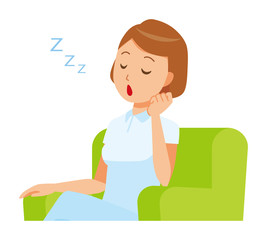 A woman nurse wearing a white uniform is sitting on a sofa and falling asleep