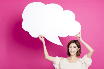 happy young woman showing dialog signs