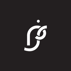 Initial lowercase letter rj, overlapping circle interlock logo, white color on black background