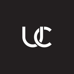 Initial lowercase letter uc, overlapping circle interlock logo, white color on black background