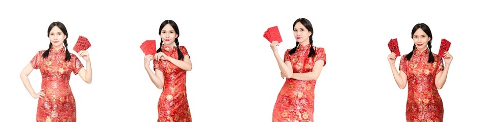 Asian lady in red  cheongsam suit  holding red envelope or Ang-pow .Isolated on white background