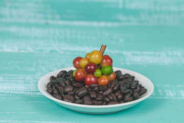 fresh coffee beans on dry coffee beans in dish.