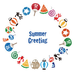 暑中見舞い　日本の夏素材　円形フレーム