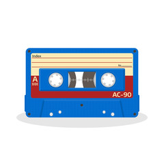 Retro audio cassette in blue color isolated on a white background. Vintage style music storage icon.