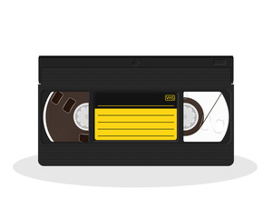 Naklejka premium Retro video cassette with black and yellow sticker isolated on a white background. Vintage style movie storage icon.