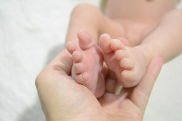 Obraz na płótnie Canvas newborn baby feet in mother hands