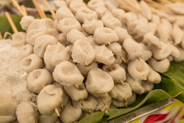 Meat ball variety type of meat (Pork, fish) for sale at Thai street food market.