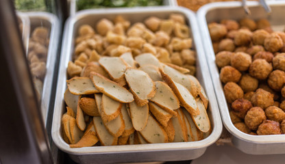 Meat ball variety type of meat (Pork, fish) for sale at Thai street food market.