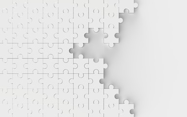 White unsolved jigsaw puzzle isolated on white background. 3D illustrating - obrazy, fototapety, plakaty