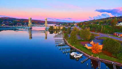 Bridge in Michigan Fall on River Harbor Sunrise Small Town Houghton Lift Bridge