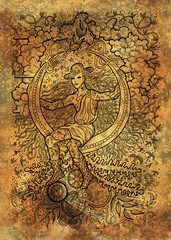 Fototapeta na wymiar April month graphic concept. Hand drawn engraved illustration on paper texture. Young magician of Spring sitting on the moon against the background of plants, leaves and steampunk mechanism