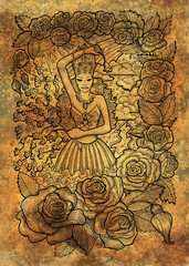 Naklejka na ściany i meble May month graphic concept. Hand drawn engraved illustration on paper texture. Beautiful queen of flowers against the background of spring storms and roses