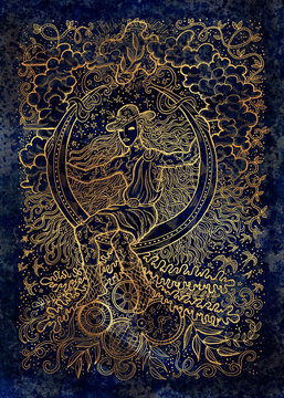 April month graphic concept. Hand drawn engraved illustration on blue texture. Young magician of Spring sitting on the moon against the background of plants, leaves and steampunk mechanism