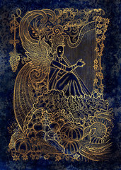 September month graphic concept. Hand drawn engraved illustration on blue texture. Beautiful musician queen with arpa against the background of abundance horn with autumn harvest