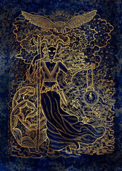 November month graphic concept. Hand drawn engraved illustration on blue texture. Scary queen of Autumn with clock in skeleton hand against the background of rain and snow