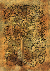 Fototapeta na wymiar December month graphic concept. Hand drawn engraved illustration on paper texture. King in mask with sword against the cosmic background of the departing year