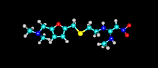 Ranitidine molecular structure isolated on black